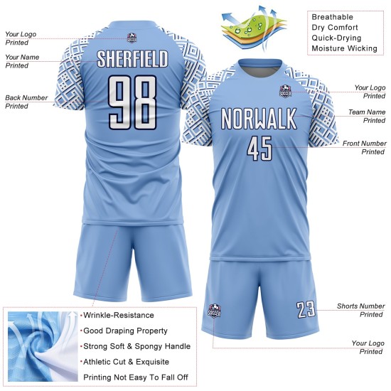 Blue Custom Jersey Sublimation Light White-Navy Uniform Shape Soccer Geometric