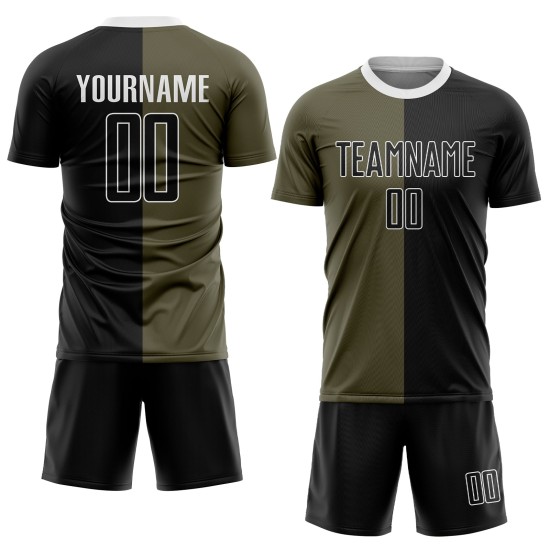 Sublimation Salute Service Fashion To Uniform Jersey Split Olive Custom Soccer Black-White Sublimation Salute Service Fashion To Uniform Jersey Split Olive Custom Soccer Black-White