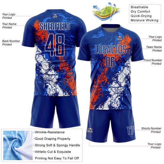 Royal Sublimation Jersey Custom Art Dripping Splatter Orange-White Soccer Uniform Royal Sublimation Jersey Custom Art Dripping Splatter Orange-White Soccer Uniform