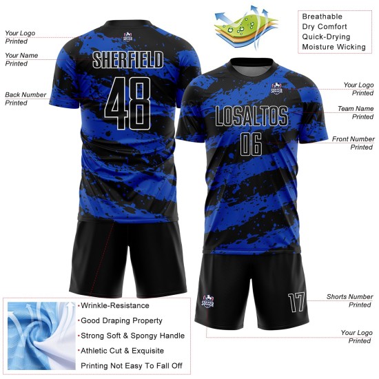 Custom Jersey Thunder Uniform Splash Sublimation Soccer Black Blue-White