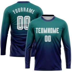 Sublimation Fade Soccer Sleeve Teal Long Uniform Fashion White-Navy Jersey Custom
