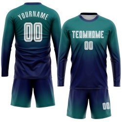 Sublimation Fade Soccer Sleeve Teal Long Uniform Fashion White-Navy Jersey Custom