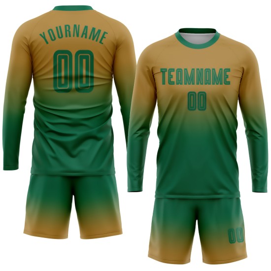 Green Uniform Old Soccer Custom Jersey Fade Sublimation Long Kelly Sleeve Gold Fashion Green Uniform Old Soccer Custom Jersey Fade Sublimation Long Kelly Sleeve Gold Fashion