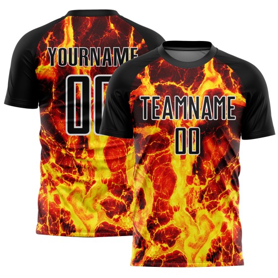 Uniform Custom Gold-White Soccer Flame Jersey Sublimation Black