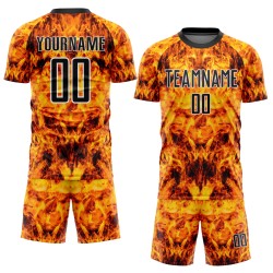 Custom Flame Sublimation Yellow Jersey Black-White Soccer Uniform