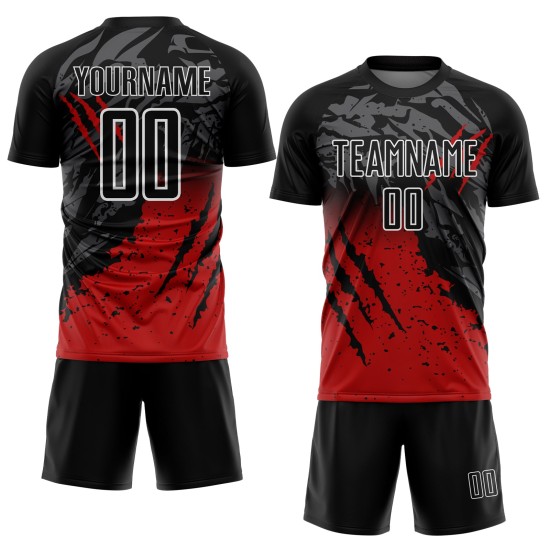 Black Custom Gradient Scratch Uniform Splash Soccer Red-White Sublimation Jersey