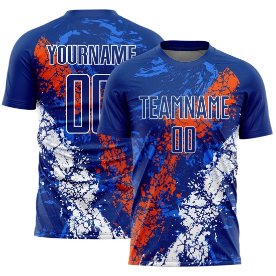 Royal Sublimation Jersey Custom Art Dripping Splatter Orange-White Soccer Uniform Royal Sublimation Jersey Custom Art Dripping Splatter Orange-White Soccer Uniform