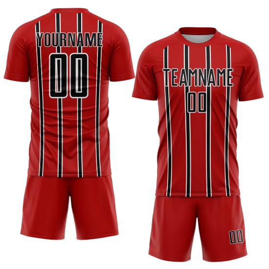 Sublimation Red Jersey Black-White Uniform Soccer Custom Stripe Line