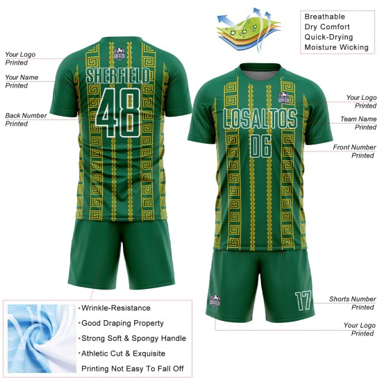 Sublimation Gold-White Shape Jersey Geometric Soccer Uniform Custom Kelly Green
