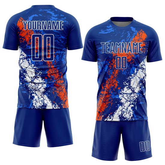Royal Sublimation Jersey Custom Art Dripping Splatter Orange-White Soccer Uniform Royal Sublimation Jersey Custom Art Dripping Splatter Orange-White Soccer Uniform
