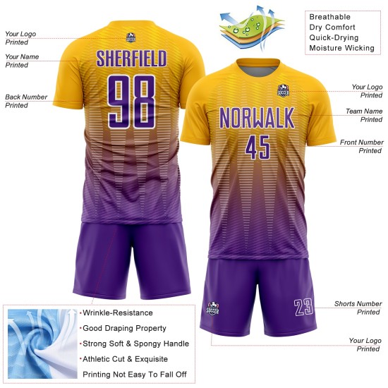 Jersey Soccer Gold Line Sublimation Gradient Purple-White Custom Uniform