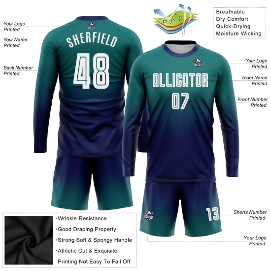 Sublimation Fade Soccer Sleeve Teal Long Uniform Fashion White-Navy Jersey Custom