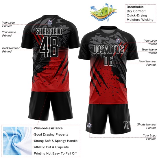 Black Custom Gradient Scratch Uniform Splash Soccer Red-White Sublimation Jersey
