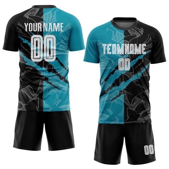 Graffiti Jersey Custom Soccer Black-Teal Pattern Sublimation Scratch Uniform Graffiti Jersey Custom Soccer Black-Teal Pattern Sublimation Scratch Uniform