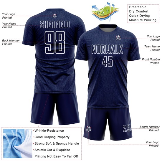 Geometric Shape Jersey Sublimation Soccer Uniform White Navy Custom