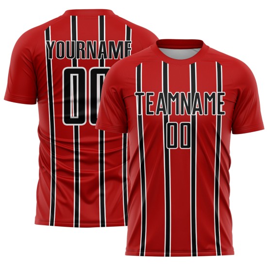 Sublimation Red Jersey Black-White Uniform Soccer Custom Stripe Line