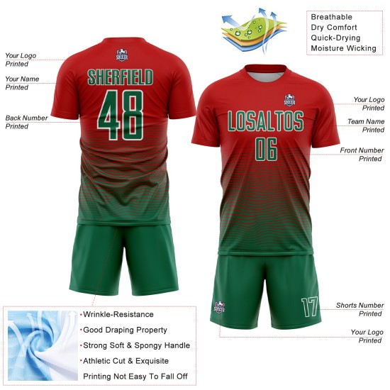 Kelly Jersey Soccer Green-White Gradient Custom Red Line Uniform Sublimation Kelly Jersey Soccer Green-White Gradient Custom Red Line Uniform Sublimation