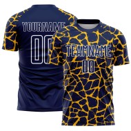 Gold-White Abstract Splash Uniform Navy Network Sublimation Soccer Jersey Custom Gold-White Abstract Splash Uniform Navy Network Sublimation Soccer Jersey Custom