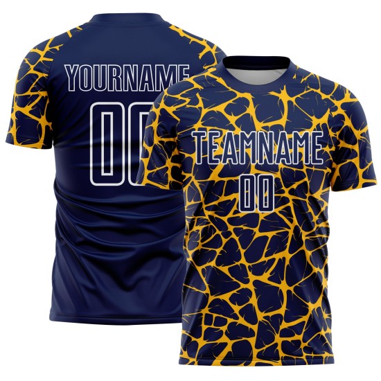 Gold-White Abstract Splash Uniform Navy Network Sublimation Soccer Jersey Custom Gold-White Abstract Splash Uniform Navy Network Sublimation Soccer Jersey Custom