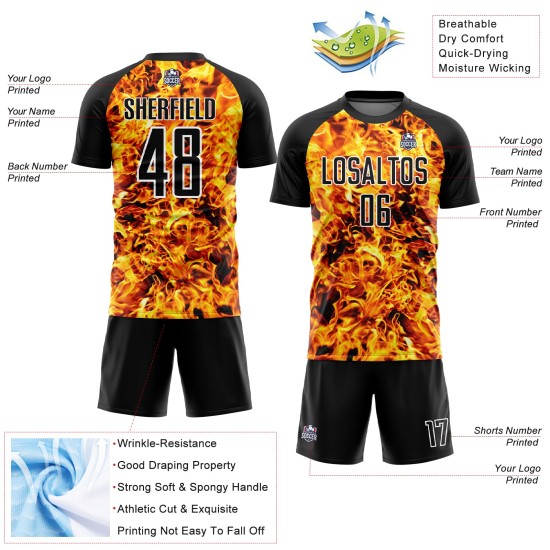 Custom Flame Sublimation Yellow Jersey Black-White Soccer Uniform
