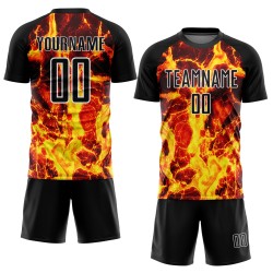 Uniform Custom Gold-White Soccer Flame Jersey Sublimation Black