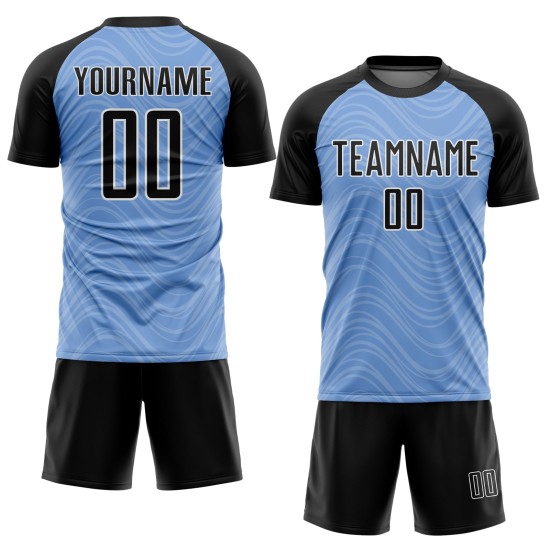 Black-White Soccer Uniform Jersey Lines Blue Custom Wavy Light Sublimation Black-White Soccer Uniform Jersey Lines Blue Custom Wavy Light Sublimation