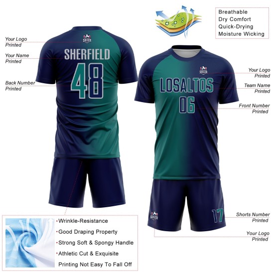 Teal-Gray Navy Jersey Soccer Custom Fashion Uniform Gradient Sublimation