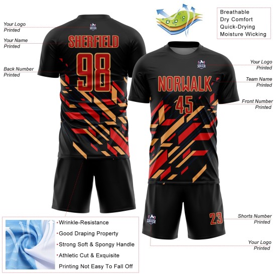 Jersey Black Gold Uniform Custom Sublimation Red-Old Soccer Lines Jersey Black Gold Uniform Custom Sublimation Red-Old Soccer Lines