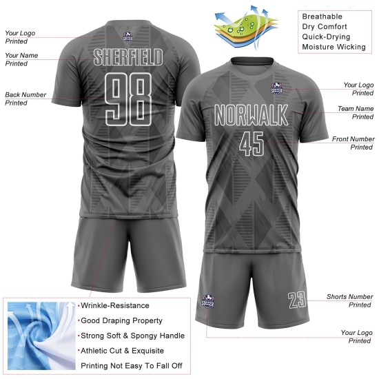 White Custom Shapes Jersey Sublimation Soccer Uniform Geometric Gray