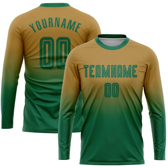 Green Uniform Old Soccer Custom Jersey Fade Sublimation Long Kelly Sleeve Gold Fashion Green Uniform Old Soccer Custom Jersey Fade Sublimation Long Kelly Sleeve Gold Fashion