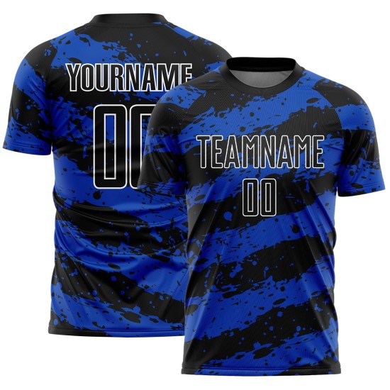 Custom Jersey Thunder Uniform Splash Sublimation Soccer Black Blue-White