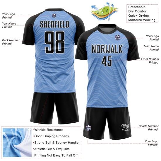 Black-White Soccer Uniform Jersey Lines Blue Custom Wavy Light Sublimation Black-White Soccer Uniform Jersey Lines Blue Custom Wavy Light Sublimation
