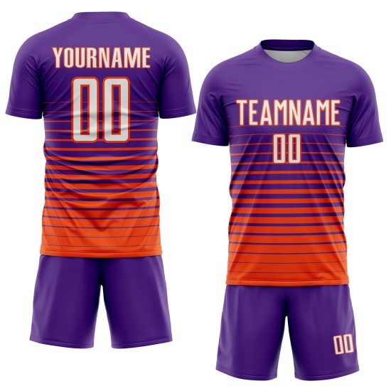 Pinstripe White-Orange Uniform Purple Custom Fade Fashion Soccer Jersey Sublimation Pinstripe White-Orange Uniform Purple Custom Fade Fashion Soccer Jersey Sublimation