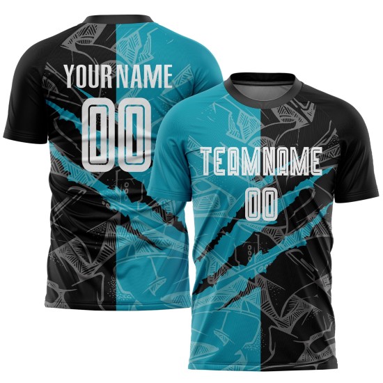 Graffiti Jersey Custom Soccer Black-Teal Pattern Sublimation Scratch Uniform Graffiti Jersey Custom Soccer Black-Teal Pattern Sublimation Scratch Uniform